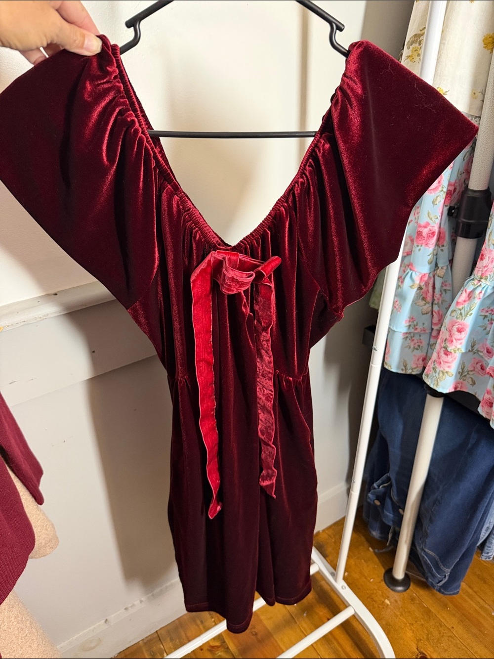 Velvet Off-Shoulder Dress in Burgundy